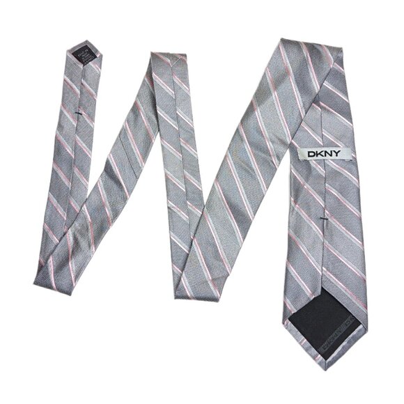 DKNY Silk Repp Tie Men’s 58.5” Gray Pink Striped Designer Classic Tie New - Picture 3 of 4